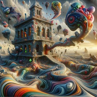 The primary subject of the image is a large, colorful building with a clock tower. The building is surrounded by a variety of colorful balloons and kites, creating a vibrant and lively atmosphere. The setting appears to be a beach, with the ocean visible in the background. The visual style of the image is digital art, as it is a computer-generated or digitally painted scene. The dominant colors in the image are a mix of bright and bold hues, such as red, green, blue, and yellow